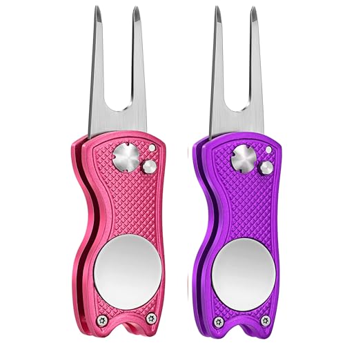 Mile High Life Golf Divot Repair Tool, All Metal Foldable Divot Tool with Pop-up Button & Magnetic Ball Marker, 2-6 Pack - color: 2 Pack (Pink/Purple)