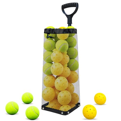 Lightweight Tennis Ball Hopper – Holds 50+ Tennis Balls or 40+ Pickleballs | Durable Steel Frame | Portable Adjustable Ball Picker for Hard Court, Clay, Grass - color: Black