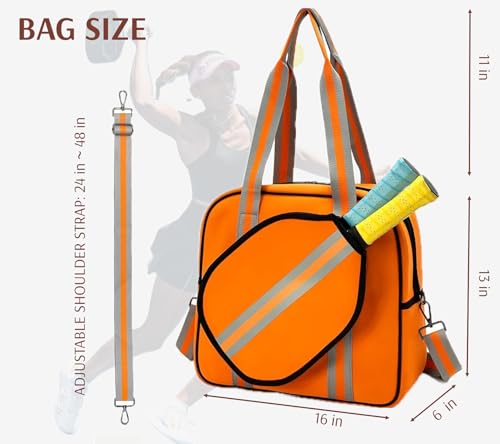 Pickleball Sports Tote Bag with Racket Holder, Neoprene, Adjustable Shoulder Strap - color: Orange