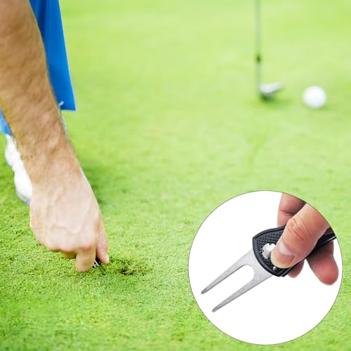 Golf Divot Repair Tool, 1 Pack, Black Metal Foldable Golf Repair Kit with Magnetic Putt Alignment Ball Marker & Pop-up Button Ball Marker, Stainless Steel Ball Marker Switchblade for Golfers