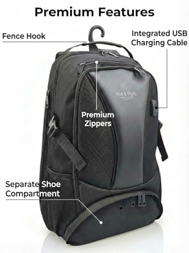 Net & Style Pickleball Backpack Large 29L with Shoe Compartment – Waterproof Court Backpack with Fence Hook & USB Charging Cable for Daily Play & Tournaments – Ideal for Men & Women Players