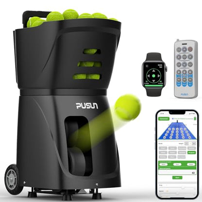 PT-SAMRT-Professional Tennis Ball Machine with App Control - 100+ Ball Capacity - 12 Training Modes - 4-6 Hours Battery Life (Black)