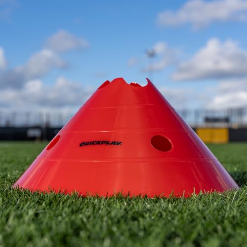 QUICKPLAY Super Cone Speed Markers Set of 16, Heavy Duty Sports Training Cones with Wide Base, 5.5 Inch Height, Portable with Carry Stand, for Soccer Agility Drills