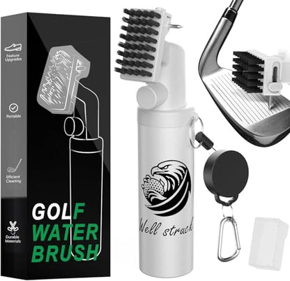 Pro Golf Club Cleaner - 4oz Water Bottle with Groove Cleaner and Retainer Clip, Durable Nylon Bristles for Easy Cleaning, Ergonomic Button Design, Golf Gifts for Men & Essential Accessories (White)