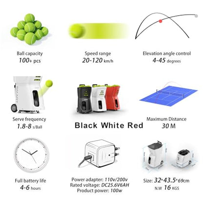 PT-SMART Tennis Ball Machine - Smart App for Apple Watch & Phone Control, Tennis Ball Launcher with 20 Landing Points, 12 Training Modes & 4-6h Battery Life, Tennis Serving Machine - color: White
