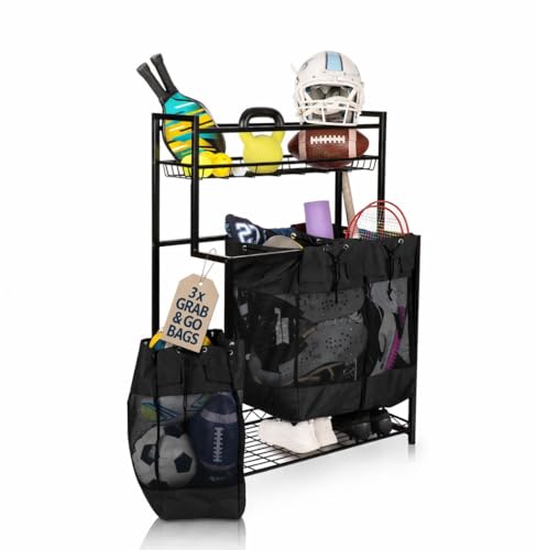 Garage Sports Equipment Organizer - Vertical Ball Storage Rack with 3 Heavy Duty Bags (black) - Metal Frame Organizer for Balls and Outdoor Gear. Home Gym Storage Organizer. Yoga Workout Organizer. - color: Black