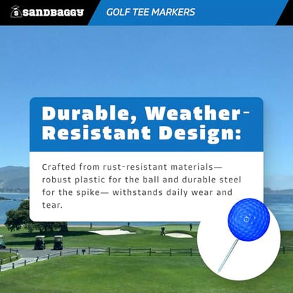 Sandbaggy Plastic Tee Markers for Golf Course (UV Resistant) - Steel Spike - Safety Caps Included - color: Blue