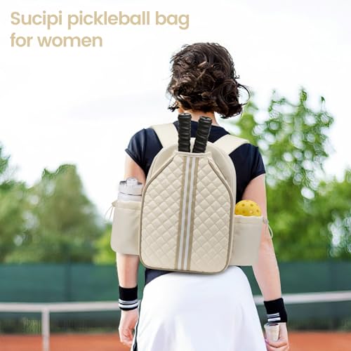 Pickleball Bags for Women Lightweight Crossbody and Stylish Quilted Pickleball Paddle Sling Bag Backpack - color: Beige, size: Large
