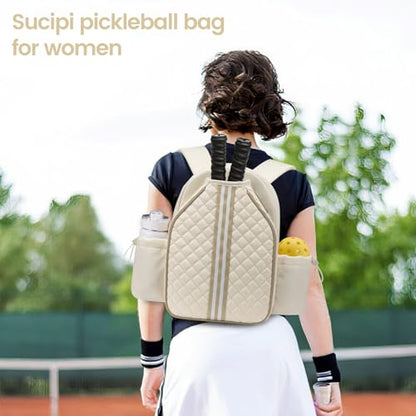 Pickleball Bags for Women Lightweight Crossbody and Stylish Quilted Pickleball Paddle Sling Bag Backpack - color: Beige, size: Large