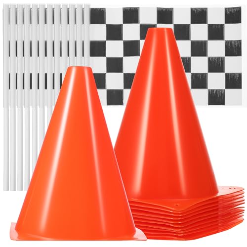 Totority Racing Cones with Hand Waving Flags Set 12 Pcs 10 Inch Traffic Cones for Outdoor Sports Agility Drills and Race Car Party Safety Signals
