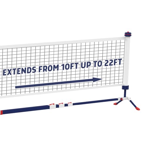 EastPoint Adjustable Pickleball Net - White & Blue, Metal - Fully Pre-Assembled & Portable Pickleball Net - Adjustable 10-22 ft Driveway Mesh for Play Court - Space-Saving Folding Design