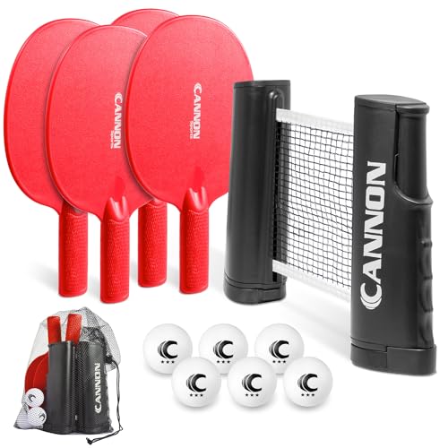 Cannon Sports Table Tennis Set – 4 Unbreakable Paddles, 6 3-Star Balls, Retractable Net & Carry Bag – Clamp-On Portable Ping Pong Net Fits Tables up to 2 Inch Thick, Extends to 6 Feet