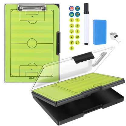 All-Weather Tactical Coaching Clipboard for Soccer & Basketball - Double-Sided Dry Erase Board with Magnetic Pieces, Markers, Eraser, Whistle & Storage Case | Perfect Coach Gift (Soccer) - style: Soccer