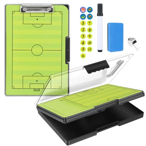 All-Weather Tactical Coaching Clipboard for Soccer & Basketball - Double-Sided Dry Erase Board with Magnetic Pieces, Markers, Eraser, Whistle & Storage Case | Perfect Coach Gift (Soccer) - style: Soccer