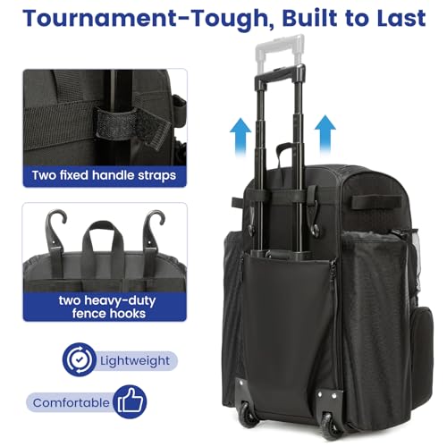 Rolling Baseball Bag with Wheels,Large Softball Bag with Fence Hook for 4 Bats & Equipment,Lightweight Baseball Bat Bag with Shoe Compartment.