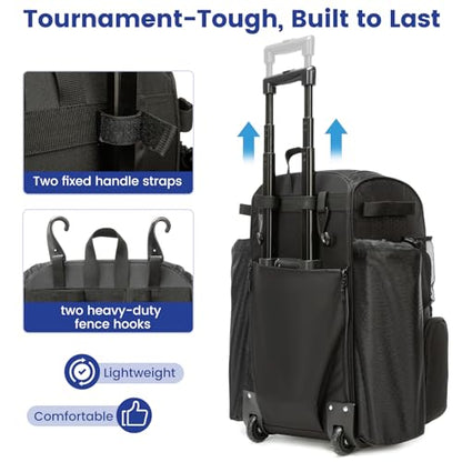 Rolling Baseball Bag with Wheels,Large Softball Bag with Fence Hook for 4 Bats & Equipment,Lightweight Baseball Bat Bag with Shoe Compartment.