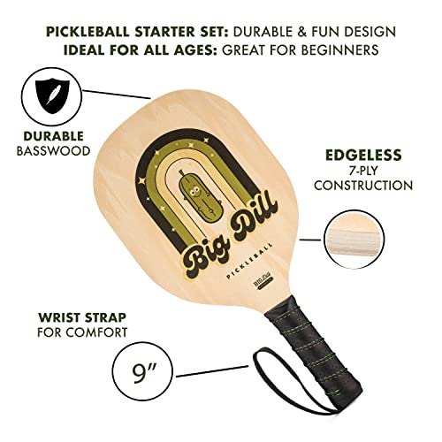 Big Dill Pickleball Paddle Set of 4 Wooden Rackets and Pickle Balls – Beginner Pickleball Kit with Balls & Carry Bag for Family, Group Play & Outdoor Games