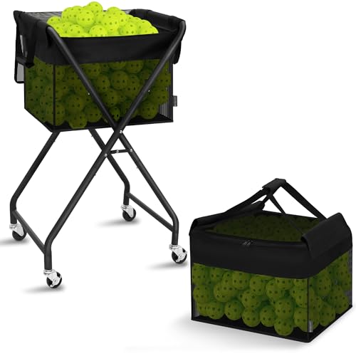 STORAGE MANIAC Foldable Tennis Ball Hopper Pickleball Bag Holds 150 Pickleballs or 180 Tennis Balls Collector Pickleball Retriever Pick Up Ball Basket Ball Caddy with Wheels Portable Training Cart