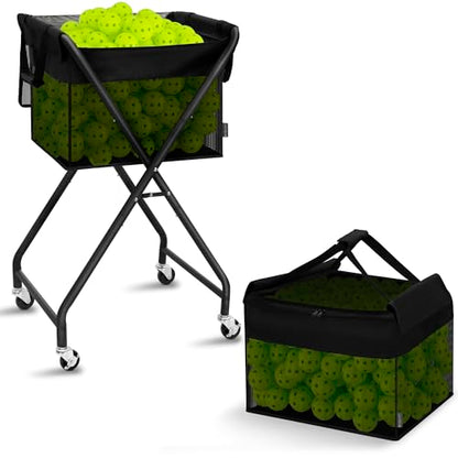 STORAGE MANIAC Foldable Tennis Ball Hopper Pickleball Bag Holds 150 Pickleballs or 180 Tennis Balls Collector Pickleball Retriever Pick Up Ball Basket Ball Caddy with Wheels Portable Training Cart