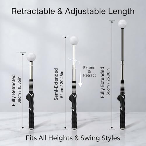 Retractable Golf Swing Trainer and Grip Trainer, Warm Up Swing Aid with Flexible Head, Includes Arm Band, Grip Correction & Swing Click Feedback, Gifts for Beginners and Advanced Golfers