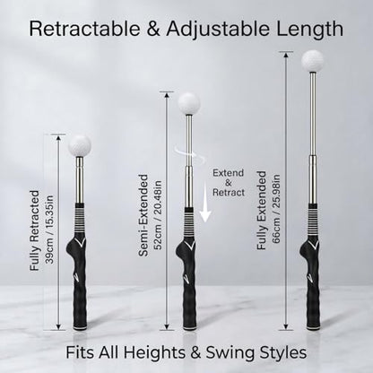 Retractable Golf Swing Trainer and Grip Trainer, Warm Up Swing Aid with Flexible Head, Includes Arm Band, Grip Correction & Swing Click Feedback, Gifts for Beginners and Advanced Golfers