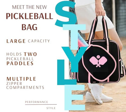 Pickleball Sports Tote Bag with Racket Holder, Neoprene, Adjustable Shoulder Strap - color: Black/Pink