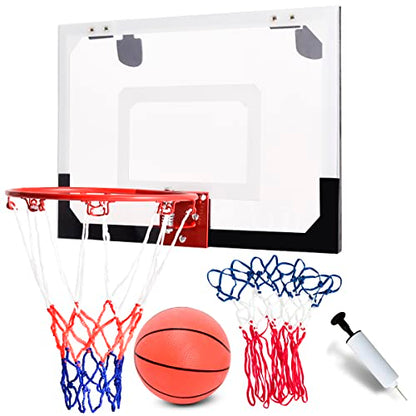 HAPPYGRILL Mini Basketball Hoop 18” x 12” Over-The-Door Basketball Backboard Indoor Outdoor Sports Exercise with Ball and Hand Pump Set