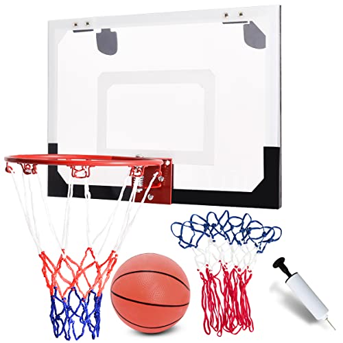 HAPPYGRILL Mini Basketball Hoop 18” x 12” Over-The-Door Basketball Backboard Indoor Outdoor Sports Exercise with Ball and Hand Pump Set