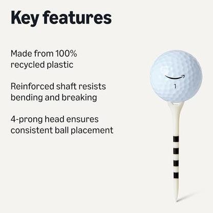 Amazon Basics Golf Tees with Height Marker System- Recycled Plastic Tees with 4-Prong Head - Golf Course Accessories - White - 100 Pack