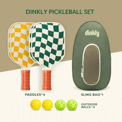 Pickleball Paddles Set of 2/4- USAPA Approved Graphite/Fiberglass Pickleball Racket, 2 Pickleball Rackets, 4 Balls and 1 Portable Carry Bag, Aesthetic Pickle Ball Set for Men Women Beginners - color: 4 Wave Check | Dark Green | Graphite