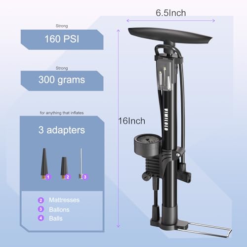 Bike Floor Pump, Bicycle Pump with Dual Presta & Schrader Valve Head, High Pressure Bicycle Tire Inflator, Portable Hand Air Pump for Road & Mountain Bikes, Strollers and Balls - style: Portable With Gauge