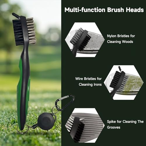 KELOB Golf Club Brush & Groove Cleaner - Multi - Function Golf Brush with Retractable Cord, Nylon & Wire Bristles, Spike for Grooves, Portable Golf Brush Tool with Bag Hook & Protective Cap