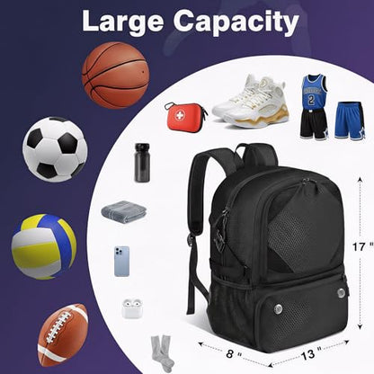 Basketball Bag Backpack with Ball & Shoes Compartment for Soccer Ball Volleyball Football, Large Sports Bag Backpack - color: Black