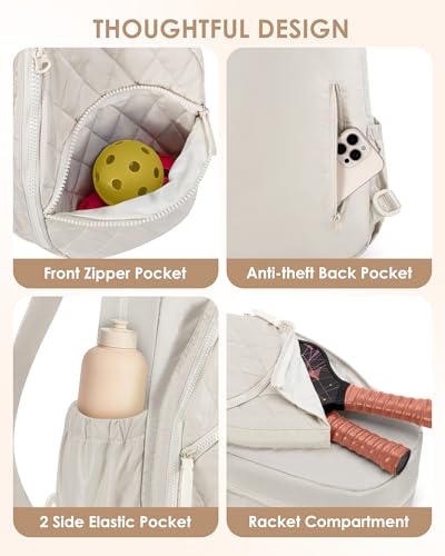 Pickleball Bag for Women - Quilted Crossbody Pickleball Paddle Bag Holds 4 Paddles, Lightweight Sports Gear & Travel Paddle Case - color: Beige