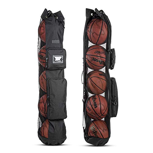 Fitdom Heavy Duty XL Basketball Mesh Equipment Ball Bag w/Shoulder Strap Design for Coach with 2 Front Pockets for Coaching & Sport Accessories. This Team Tube Carrier Can Store Up to 5 Basketballs - color: Black
