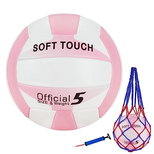 UUBEMM Volleyball Soft Touch for Indoor Outdoor Beach Park Games Gym Practice,Official Size Backyard Volleyballs with Pump for Adults,Teens, Beginners Gifts - color: Pink with Pump Kit
