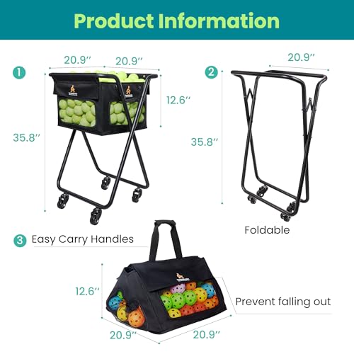Tennis & Pickleball Cart - 140 Ball Capacity Hopper with Quick-Detach Bag, 4 Smooth Swivel Wheels & Foldable Frame for Easy Court Transport and Compact Storage