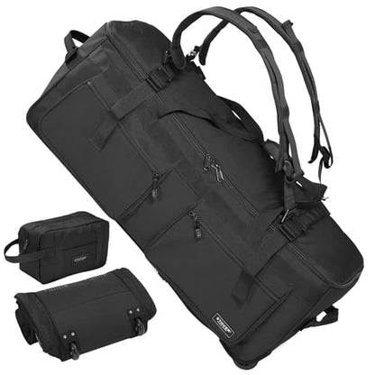 STOVER 45/80/100L U-Zip Rolling Duffel Bag with Wheels, X-Large Durable Travel Duffle + Toiletry Bag, Lay-Flat Opening, Packable w/Shoulder Straps- Use as Luggage or Backpack, Men/Women (Black) - color: U-Zip Black