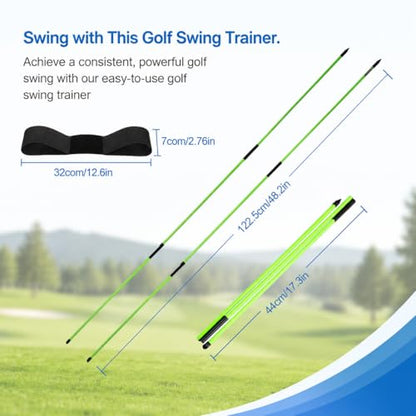 Retractable Golf Swing Trainer with 2 Alignment Sticks – Training Aid for Grip, Strength & Tempo, Swing Mechanics, Arm Band, Indoor/Outdoor Practice, Right/Left Handed
