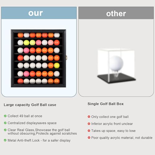 KCRasan 49 Golf Ball Display Case Lockable - Golf Ball Holder Gift for Golf Enthusiasts - Golf Ball Display Rack Cabinet for Wall Mount Real Glass Door, Black