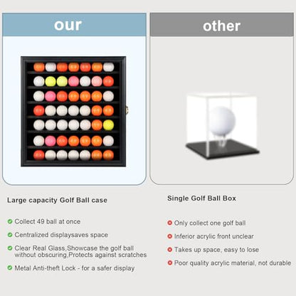 KCRasan 49 Golf Ball Display Case Lockable - Golf Ball Holder Gift for Golf Enthusiasts - Golf Ball Display Rack Cabinet for Wall Mount Real Glass Door, Black
