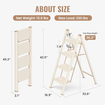4 Step Ladder, 4 Step Stool for Adults, Folding Step Ladder with Secure Footing, Widened Pedal, Aesthetically Pleasing Looking, Blends Right into Domestic Rooms, Cream Chocolate - size: 4 Step