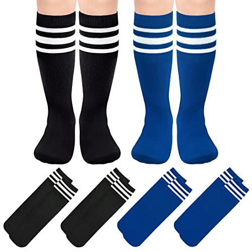 Sarfel 4 Pairs Youth Kids Toddler Soccer Socks Girls Boys Baseball Socks Kids Football Softball Accessories Team Sports - color: Blue/White, Blue/White, Black/White, Black/White, size: 9-12 Years