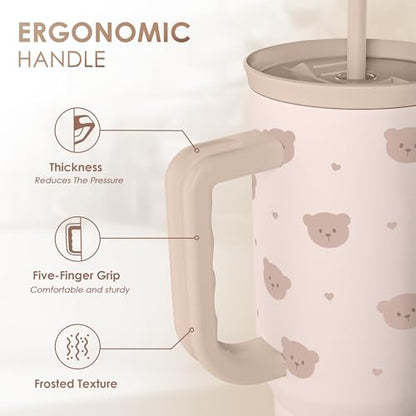 SANDJEST Bear Tumbler with Handle, Insulated Cup Stainless Steel Travel Mug Cup, Gifts for Women Girl, 40oz - color: Bear