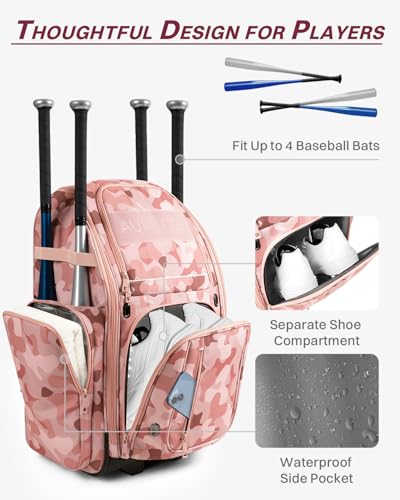 AUROTIER Rolling Baseball Bag with Wheels, Large All-Terrain Wheeled Softball Bag Holds 4 Bats, Water-Resistant Baseball Roller Backpack with Shoe Compartment and Fence Hooks for Players and Coaches - color: Pink Camo