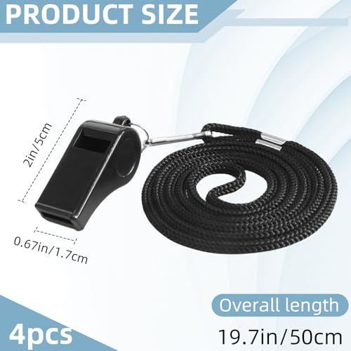 Whistle, 4 PCS Thick Plastic Sports Whistles with Lanyards, Coach Whistle, Loud Crisp Sound Whistle Great forTeachers Coaches Referees Officials and Family Emergencies(Black)