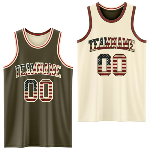 Custom Reversible Basketball Jerseys Men Youth, Personalized Sports Shirts Team Uniforms Printed Name Logo Number - color: Flag Style - White and Olive Green