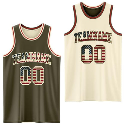 Custom Reversible Basketball Jerseys Men Youth, Personalized Sports Shirts Team Uniforms Printed Name Logo Number - color: Flag Style - White and Olive Green
