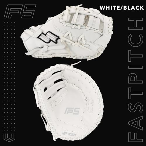 SSK FP5 Fastpitch Softball First Base Mitt 12.5” – 13” Right & Left Hand Throw Premium Full Leather Softball Glove - color: White/Black, size: 13" - Right Hand Throw