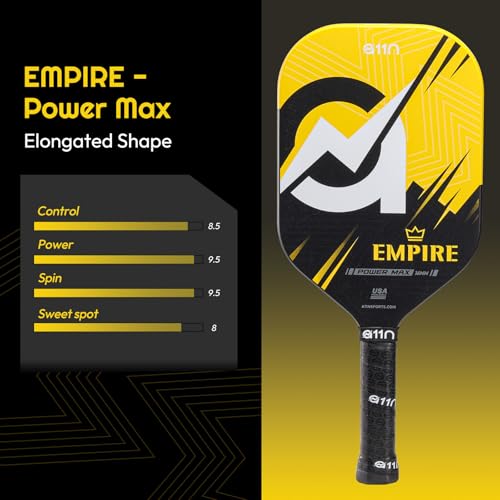 A11N SPORTS Empire Thermoformed Edgeless Pickleball Paddle | Carbon Fiber Face with SuperGrit Texture for Ultimate Spin | Longer Handle for Double-Handed Backhand - style: PowerMax丨Yellow